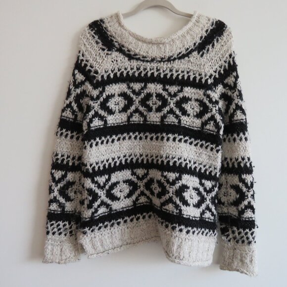 FREE PEOPLE Silver Reed Fair Isle Black White Crochet Wool Boho Sweater Sz XS - Picture 11 of 15